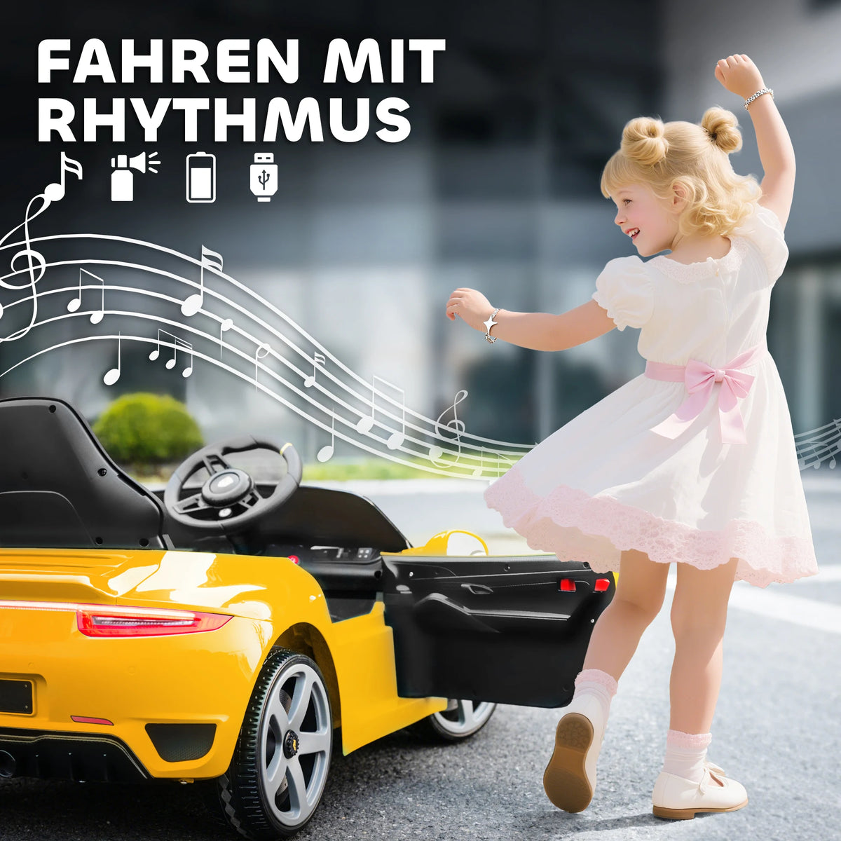 Voiture Électrique Enfant Klaxon et Ceinture Jaune