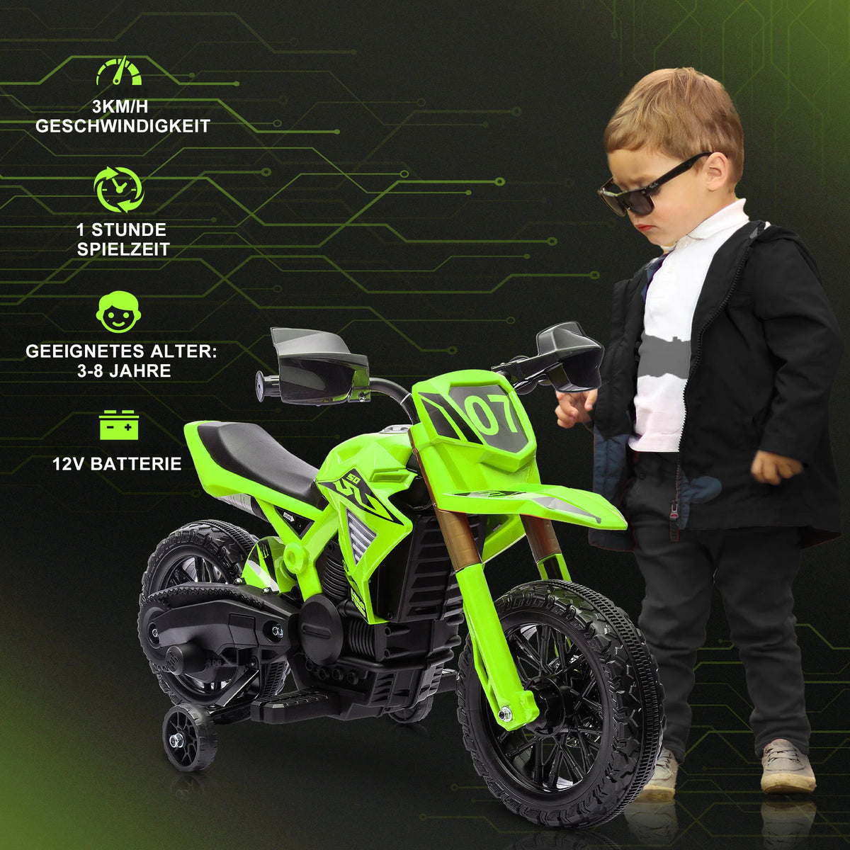 Moto Électrique Enfant Roues d'Appoint Klaxon Verte