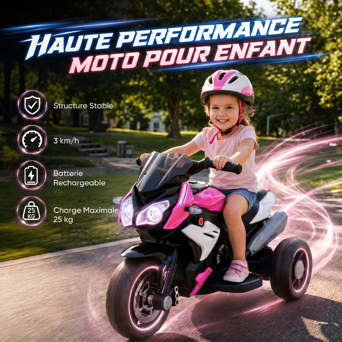 Moto Électrique Enfant 3 Roues Sonore Rose
