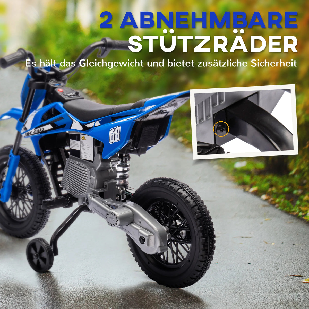 Moto Électrique Enfant Musique Roues d'Appoint Bleue