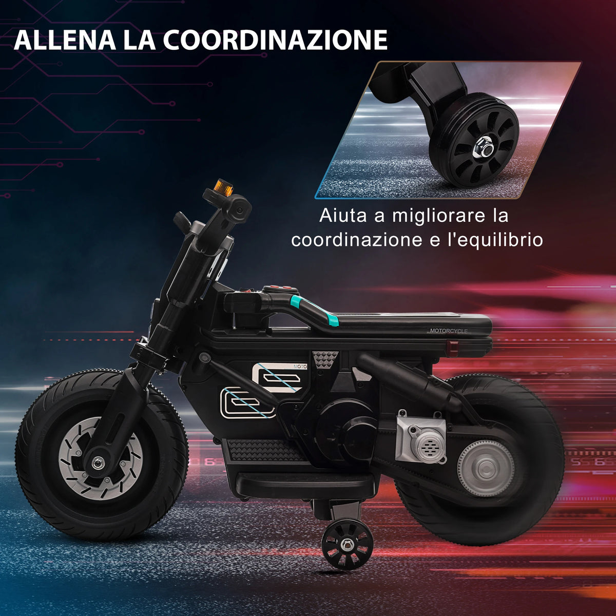 Moto Électrique Enfant Haut-Parleurs et Roulettes
