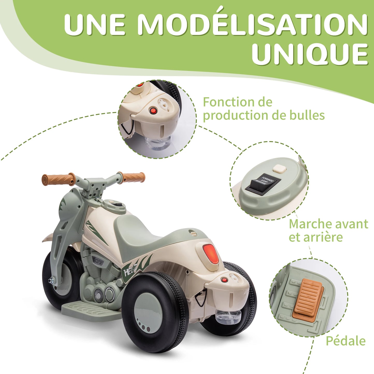 Moto Électrique Enfant Bulles et Lumières